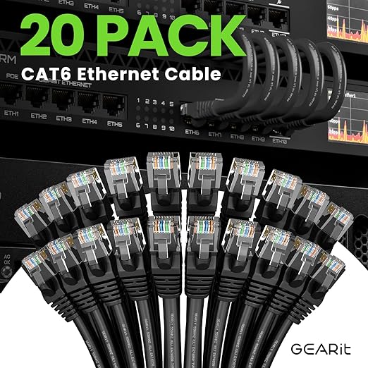 GearIT Cat 6 Ethernet Cable Pack - 20-Pack 2 ft Cat6 Ethernet Patch Cables | RJ45 Network Patch Cable, 10 Gbps Snagless Gold-Plated Connectors - Ethernet Cable Cat 6 for PC, TV, Router - Black