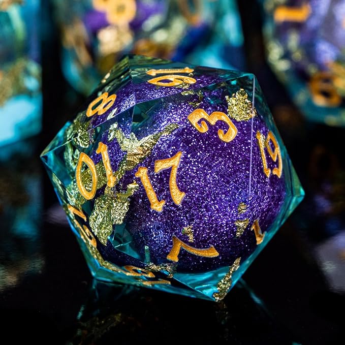 ARUOHHA Liquid Core DND Dice Set, 7pcs Resin Sharp Edged Dragons Dice RPG Role Playing Games, Purple Blue Polyhedral Dungeons D and D Dice with Gift Box D20 D12 D10 D8 D6 D4