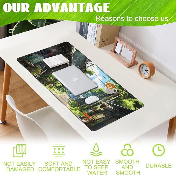 Anime Abandoned Town Desk Mat, Large Gaming Mouse Pad with Non-Slip Base and Stitched Edge, 35.4"x15.7"