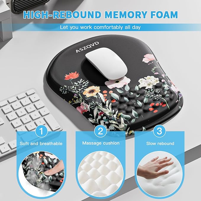 Mouse Pad with Wrist Rest, Ergonomic Mousepads with Wrist Support, Soft Lycra Fabric Memory Foam Office Desk Accessories for Comfort/Pain Relief/PC Gaming/Computer/Laptop (Black Flower)