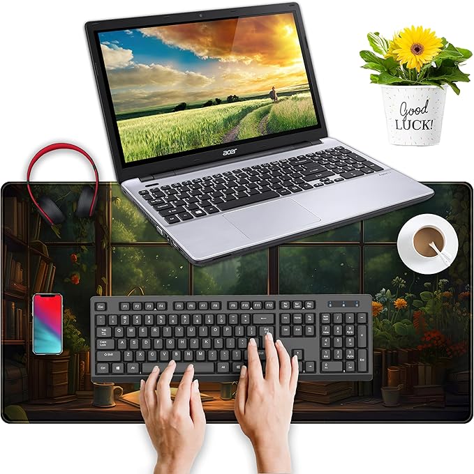 Anime Dark Green Plants Desk Mat Cute XXL Large Extended Mouse Pad Gaming, Lofi Aesthetic Computer Laptop Keyboard and Mouse Mat, Desk Accessories for Women Office Decor Mousepad, 31.5x15.75 in