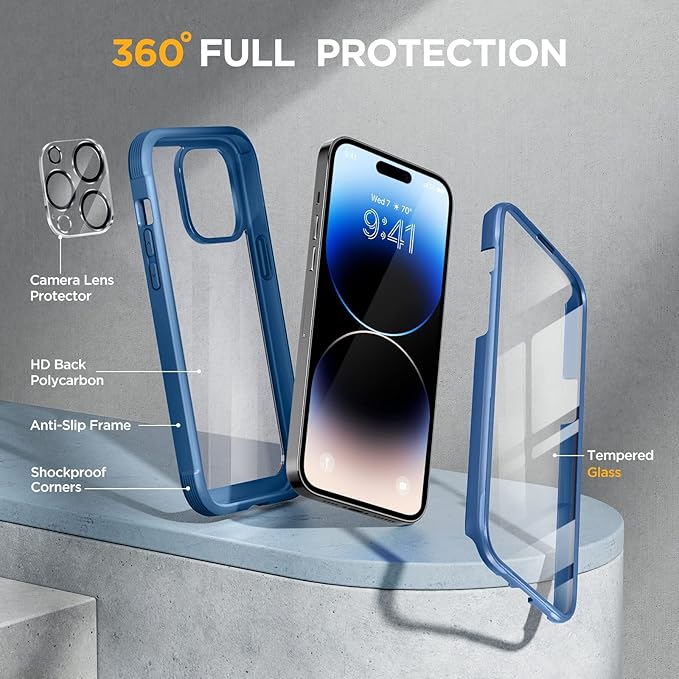 Miracase Glass Series Designed for iPhone 14 Pro Max Case 6.7 Inch, Upgrade Full-Body Bumper Case with Built-in 9H Tempered Glass Screen Protector, with Camera Lens Protector, Capri Blue