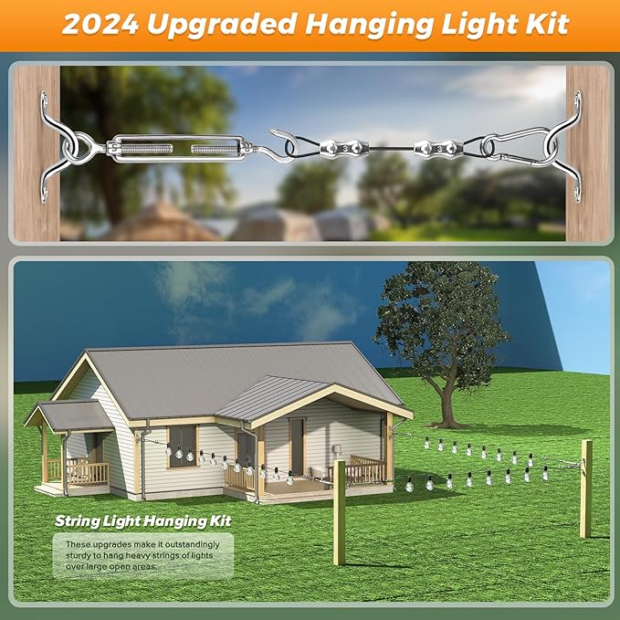 Belio String Light Hanging Kit, Stainless Steel Cable for Outdoor Lights, 182 FT Wire Rope Cable Turnbuckle and Hooks, Globe String Light Suspension Kit