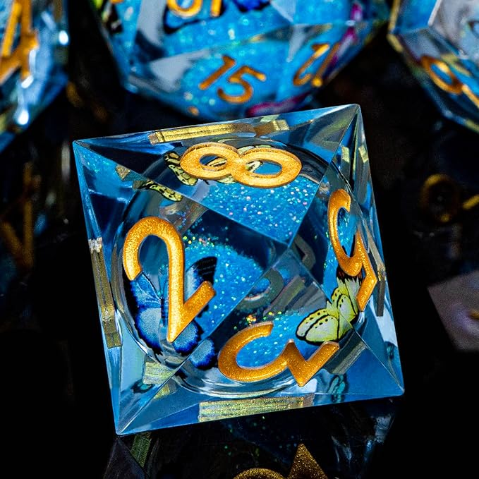 Butterfly DND Dice Blue Liquid Core Dice Set with Metal Box, Handmade Sharp Edge D and D Polyhedral Dice for use with D&D Role Playing Game, D20 D12 D10 D8 D6