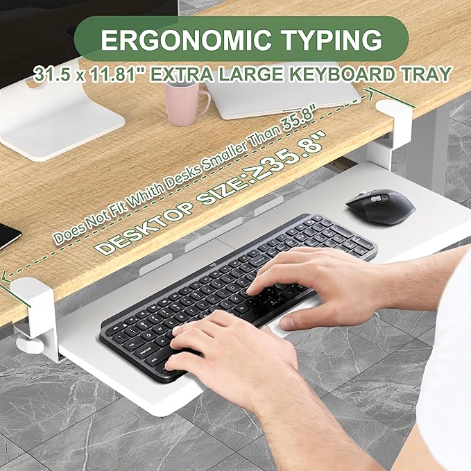 Extra Large Keyboard Tray Under Desk - Slide Out with Sturdy C-Clip Mount System, 31.5" (35.8" Including Clamps) x 11.8" Put-Out Keyboard Tray Computer Drawer for Ergonomic Typing, White