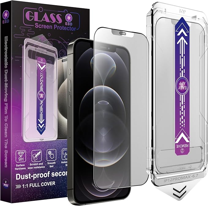 2 Pack Matte Screen Protector for iPhone 12 Pro Max, 9H Tempered Glass, Full Coverage, Anti-Fingerprint, Auto Dust-Elimination, No Bubble, Easy Installation