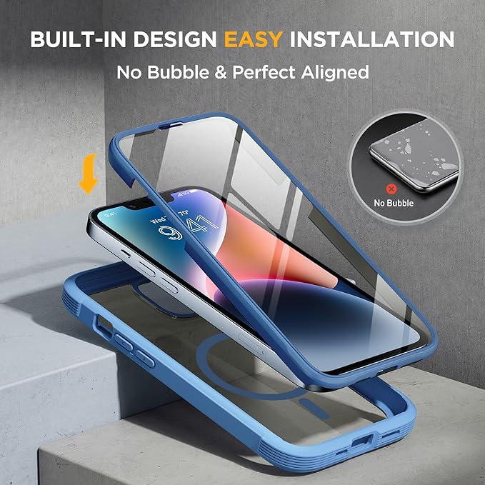 Miracase Magnetic for iPhone 14 Case 6.1", [Built-in Tempered Glass Screen Protector + Lens Protector] [Compatible with MagSafe] Full-Body Protective Bumper 14 Phone Cover, Blue