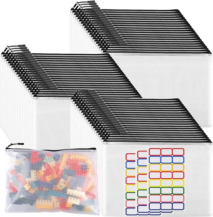 60pcs Large Mesh Zipper Pouch File Bags Reusable Zippered Pouches for Organizing Classroom, Board Game Storage, Puzzle Bags Black