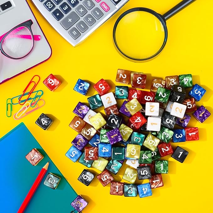 Poen 100 Pcs 16mm Dice Set Bulk, 6 Sided Standard Colored Dices with Numbers, D6 Polyhedral Games Dice for Board Games, Parties (Classic Color)