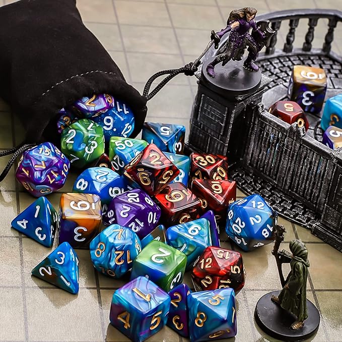 CiaraQ Polyhedral Dice Set (35 Pieces) with Black Pouches, 5 Complete Double-Colors Dice Sets of D4 D6 D8 D10 D% D12 D20 Compatible with Dungeons and Dragons DND RPG MTG Table Games