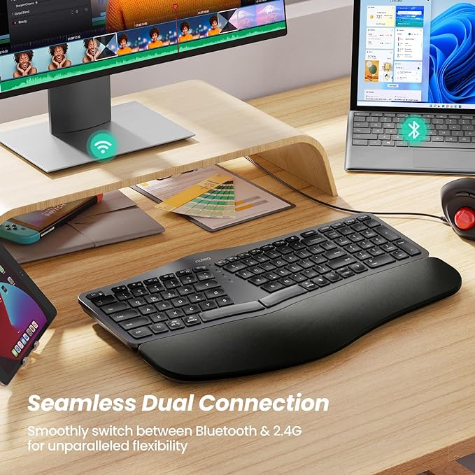 Nulea RT05 Wireless Ergonomic Keyboard, Split Keyboard with Wrist Rest, USB-C Charging, 7-Color Backlight, Natural Typing, Bluetooth and USB Connectivity, Compatible with Windows,Mac