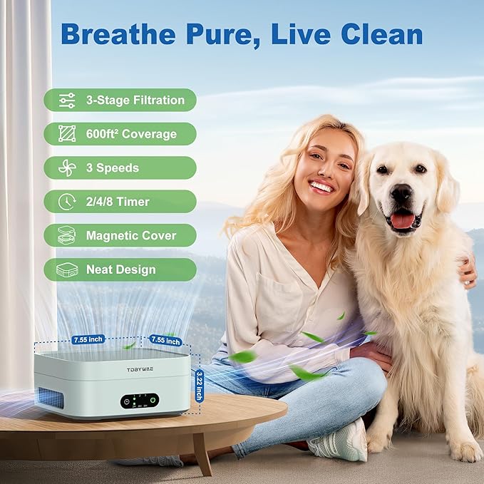 Air Purifiers for Home 600 Sq.Ft, TDBYWAE H13 True HEPA Air Purifier with USB Cable for Pets Dust Dander Pollen Odor Smoke, Small Portable Air Purifier for Bedroom Office Desktop Car RV (Green)