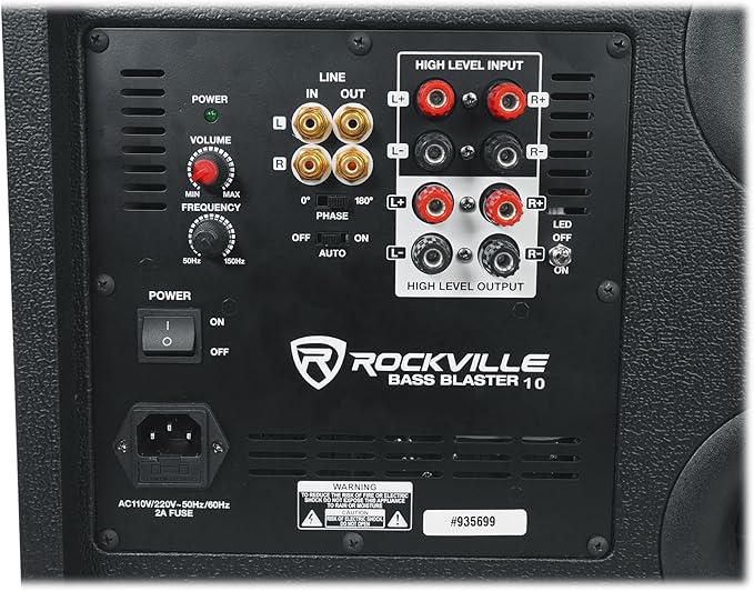 Rockville BASS Blaster 10 750W Powered 10" Home Theater Subwoofer Sub, LED Lighting, RCA Inputs/Outputs, Variable Crossover, for Home Theater and Studio Audio