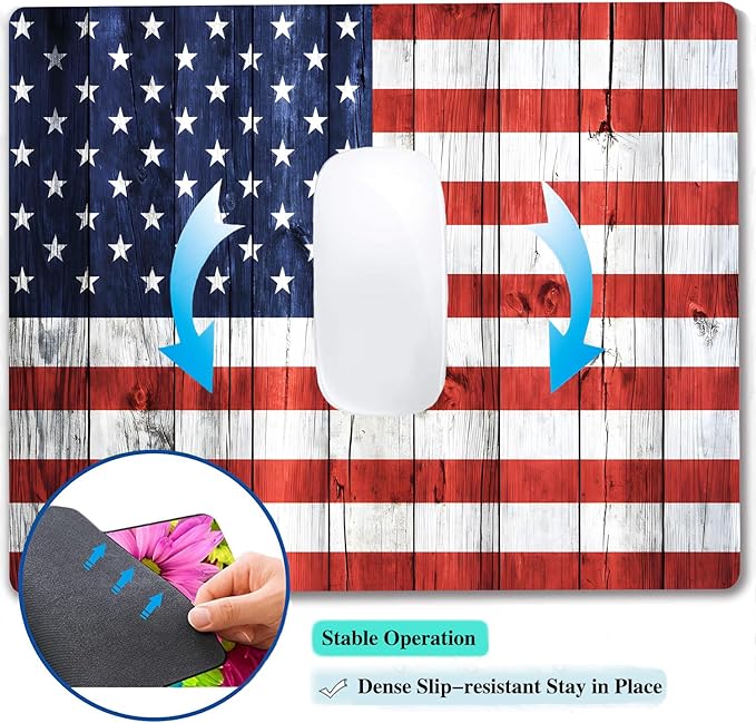 American Flag Wood Custom Mouse Pad with Non-Slip Rubber, Small Square Design for Wireless Laptop & Computer Mouse Pads for Desk, 9.5 x 7.9 inch Smooth Surface for Gaming & Office