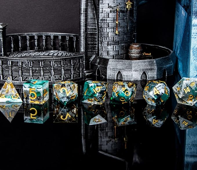 ARUOHHA Sharp Edge Dice DND Resin Translucent Dice Set, Green Handmade D and D Dice Set RPG Role Playing Games Polyhedral Dice D20 D12 D10 D8 D6 D4