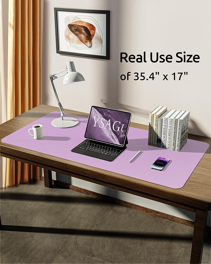 YSAGi Leather Desk Protector, Office Mat, Large Mouse Mat, Non-Slip PU Leather Blotter, Laptop Desk, Waterproof Writing Pad for Office and Home (Taro Purple, 35.4" x 17")