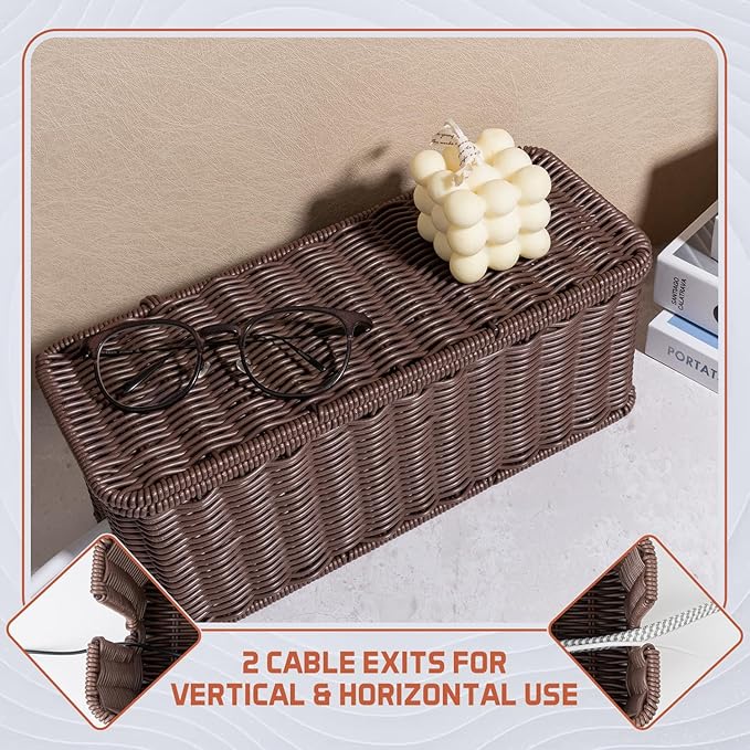 Cable Management Box, Handmade Rattan Cable Organizer, 2 Open Slots Cords Hider Box, Under Desk Cord Organizer for Computer Router USB Hub & Power Strip, Patent Pending, 13" x 5.1" x 5.1", Brown