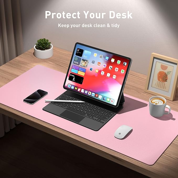 Aothia Leather Desk Pad Protector, Office Desk Mat, Large Mouse Pad, Non-Slip PU Leather Desk Blotter, Laptop Desk Pad, Waterproof Desk Writing Pad for Office and Home (48"x17", Fairy Pink)