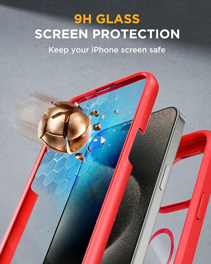 Miracase Magnetic for iPhone 15 Pro Max Case 6.7'' [Compatible with Magsafe] Full-Body Military Drop Proof for iPhone 15 ProMax Case with Built-in 9H Tempered Glass Screen Protector,Red