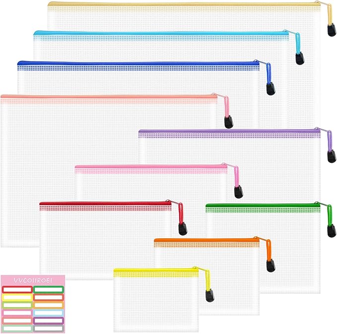 10pcs Mesh Zipper Pouch Bags, 10 Sizes Zipper Bags for Organizing, Mesh Bags with Zipper, 10 Colors Plastic Zipper Pouches, Puzzle Bags, Board Game Storage Bags, Travel Pouch