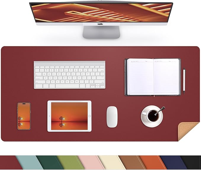 Desk Mat 35" x 17" Leather Desk Pad Protector with Natural Cork & PU Leather, Non-Slip Office Desk Mat, Double-Sided Large Mouse Pad, Waterproof Desk Cover for Office&Home (red)