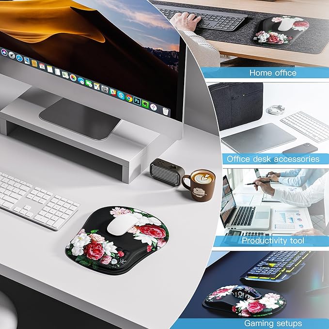 Mouse Pad with Wrist Rest, Ergonomic Mousepads with Wrist Support, Soft Lycra Fabric Memory Foam Office Desk Accessories for Comfort/Pain Relief/PC Gaming/Computer/Laptop (Black Peony)