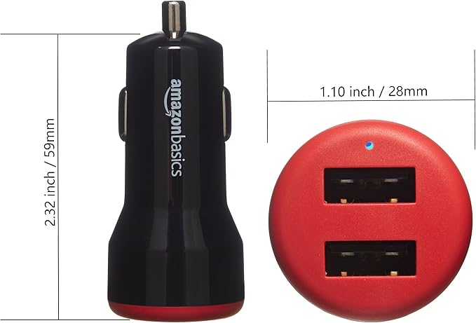 Amazon Basics 24W 2-port USB-A Car Charger for Phones (iPhone 16/15/14/13/12/11/X, Samsung, and more), non-PPS, Black/Red