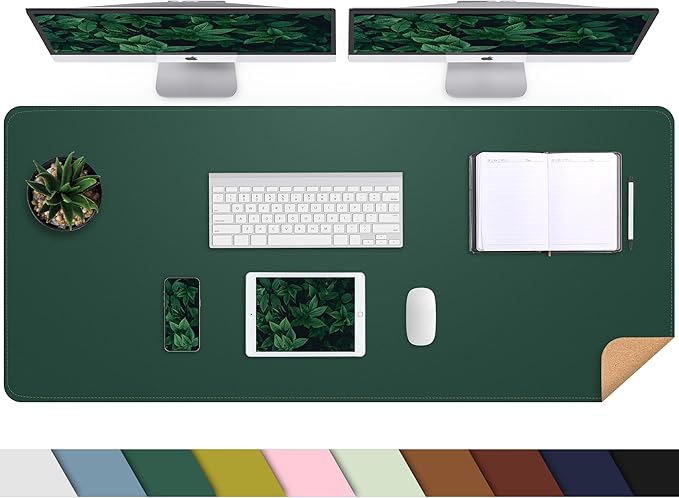Leather Desk pad Protector, Large Desk mat with Natural Cork & PU Leather,Large Mouse pad, Office Desk Mat,Waterproof Desk Writing Pad for Office and Home (47in*17in, Dark Green)