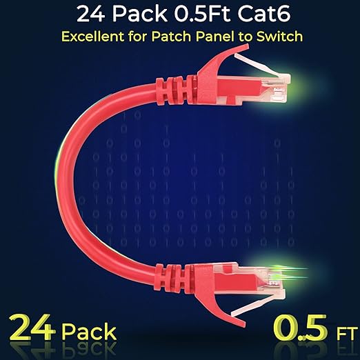 Rapink Patch Cables Cat6 0.5ft (24 Pack), Ethernet Patch Cable 10G Support, Cat 6 Patch Cable for Patch Panel to Switch, Flexiable Cat 6 Ethernet Cable with Gold Plated Red