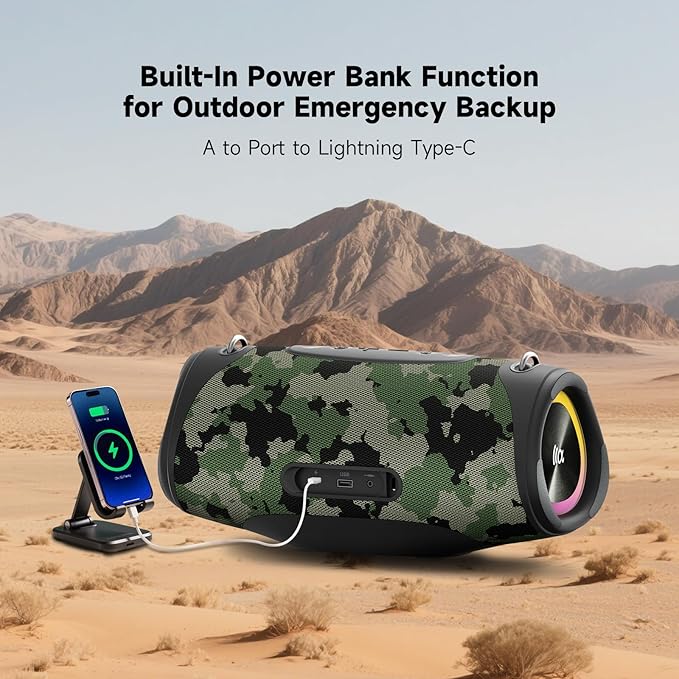 Portable Bluetooth Speaker 80W RMS,120W Peak Loud Subwoofer Wireless Stereo with HD Sound,8H Playtime IPX7 Waterproof for Party cmaping Beach (CAMO-80W RMS/120W Peak)