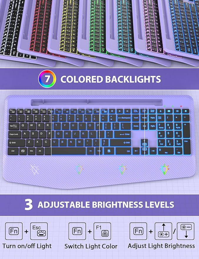 Wireless Keyboard and Mouse Backlits, Wrist Rest, LED Mouse, Rechargeable Ergonomic Keyboard with Phone Holder, Silent Light Up Combo for Computer, Mac, PC, Laptop, Chromebook (Purple)
