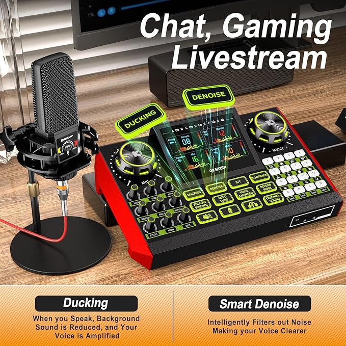 Podcast equipment bundle with live sound card audio mixer, podcast equipment with 3.5mm microphone, soundboard for phone, computer, live streaming, singing, recording, and content creation.