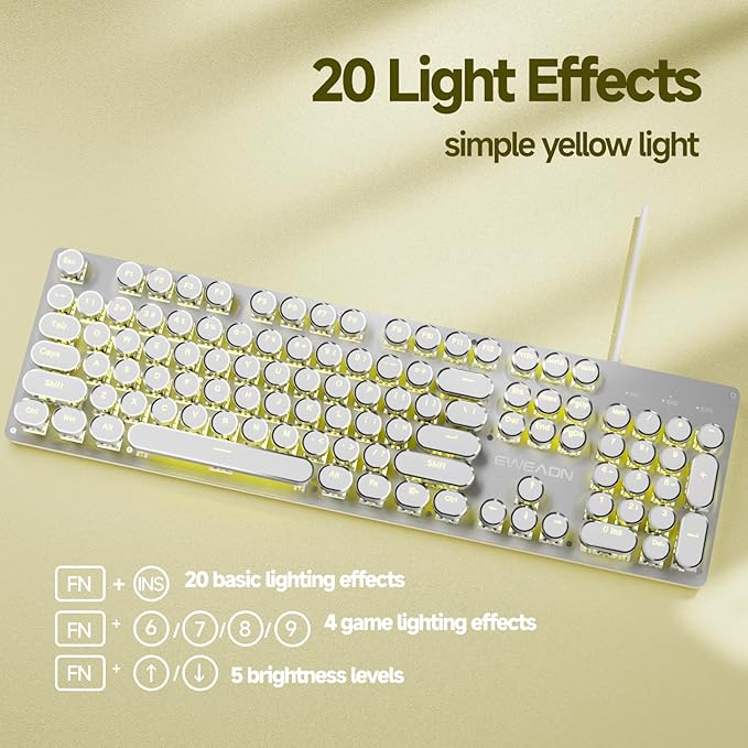 EWEADN TK100 Typewriter Style Wired Mechanical Keyboard, 104 Keys Aesthetic Typewriter Keyboard with Yellow Backlit, Anti-Ghosting, Blue Switch Cool Keyboards-White