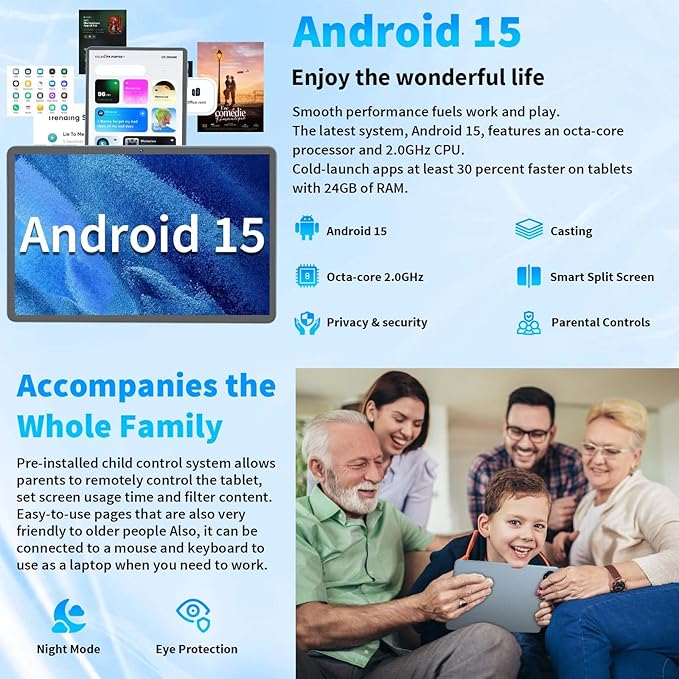 Android 15 Tablet, 11 inch Tablet with Keyboard, 24GB+128GB, 1TB Expand, Octa-Core, 2.4G/5G WiFi, 8000mAh, BT V5.0, GMS Certified, IPS Touch Screen, GPS, 2 in 1 with Case, Mouse, Stylus(Green)