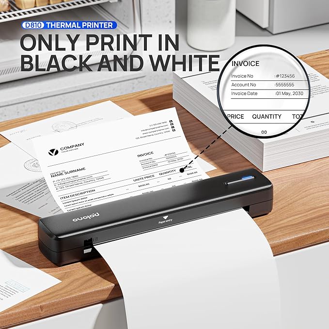 POLONO Portable Printer, D810 Inkless Bluetooth Thermal Printer Wireless for Travel, Compatible with iOS, Android, Laptop, Supports 8.5"x11" US Letter for Office, Car, Home, Black, 1 Pack