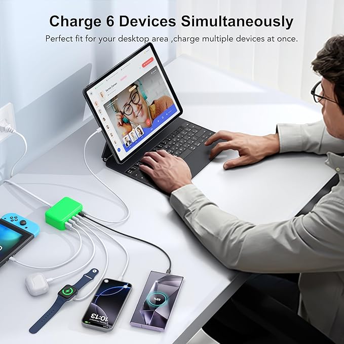 USB C Fast Charger 100W GaN 6 Port Type USB C Charging Station Hub Block Wall Charger Power Strip Adapter Plug Cube Brick 3 USB A for iPad iPhone 15 14 13 12 11 Pro Max Pixel Note Galaxy
