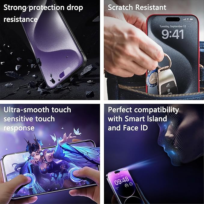 2 Pack Anti Blue Light Matte Screen Protector for iPhone 14 Pro Max/iPhone 15 Plus/iPhone 16 Plus, 9H Tempered Glass, Full Cover, Anti-Fingerprint, Auto Dust-Elimination, No Bubble, Easy Installation