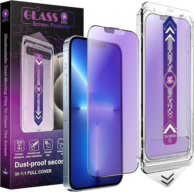 2 Pack Anti Blue Light Matte Screen Protector for iPhone 13 Pro Max/iPhone 14 Plus, 9H Tempered Glass, Full Coverage, Anti-Fingerprint, Auto Dust-Elimination, No Bubble, Easy Installation