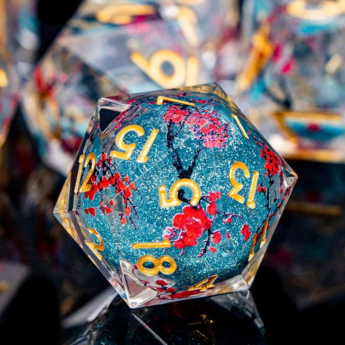 Plum Blossom DND Dice Blue Liquid Core Dice Set with Metal Box, Handmade Sharp Edge Dice D and D Polyhedral Dice for use with D&D RPG Role Playing Game ﻿