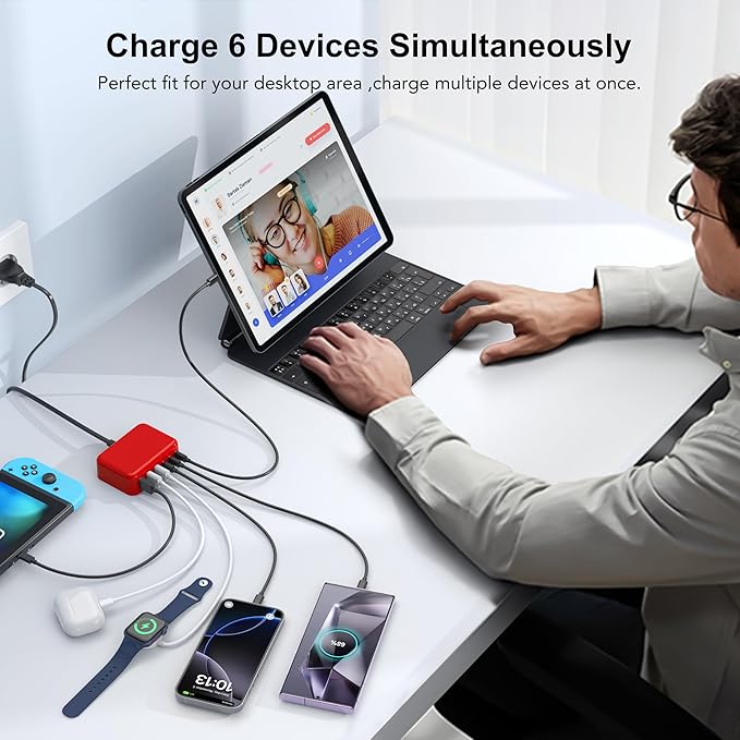 USB C Fast Charger 100W GaN 6 Port Type USB C Charging Station Hub Block Wall Charger Power Strip Adapter Plug Cube Brick 3 USB A for iPad iPhone16 15 14 13 12 11 Pro Max