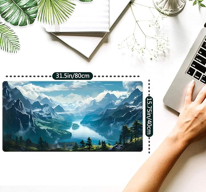 Aesthetic Mountain Vista Desk Mat, Blue Natural Wonder XXL Large Extended Gaming Mouse Pad Mat Non-Slip Mousepad, Computer Keyboard and Mouse Mat, Desk Pad with Stitched Edges, 31.5x15.75 in