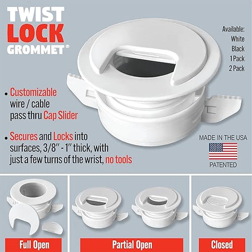 (1-Pack White) Cable, Wire & Cord Management - Self Locking Grommet with Cover for Walls, Ceilings, Desks, Used for All Surfaces 3/8” to 1” Thick, Made in USA