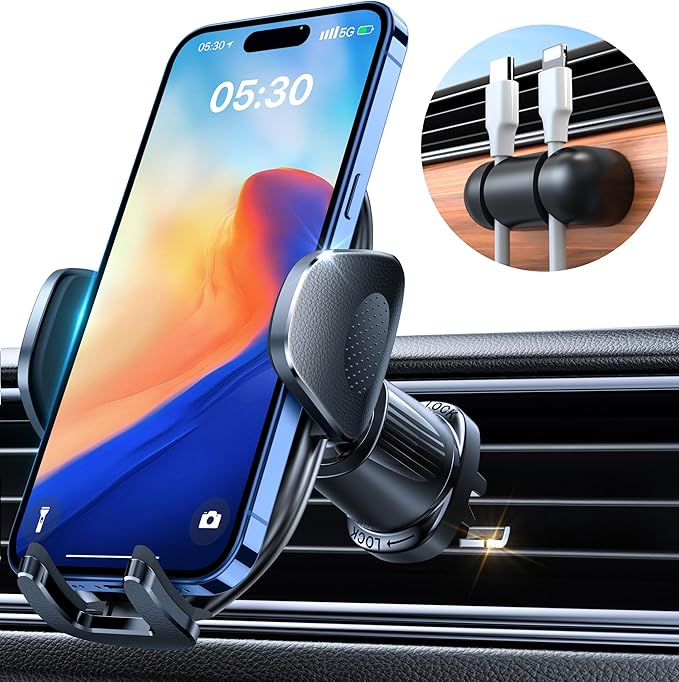 YRU Car Phone Holder [2025 Upgraded Metal Hook Clip], Phone Holders for Your Car [No Fear of Bumps] Air Vent Phone Mount Widely Compatible with iPhone16 15 14 13 Samsung Android Smartphones (Sapphire)