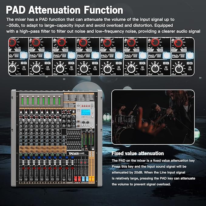 Digital Mixer 16 Channel,Sound Board Mixing Console, Dual DSP Reverb, Dual 7-Band EQ, 48V Phantom Power, 4 Group Stereo Output Input, PAD