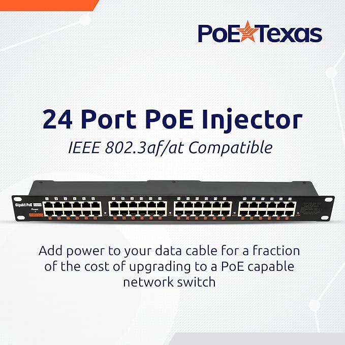 PoE Texas 24 Port PoE Injector - Multi-Port PoE Gigabit Rack Mount Midspan for IP Cameras, Phones, WiFi AP, Add Power Over Ethernet to Non-PoE Switch or Network Router, Includes 56v 240w Power Supply