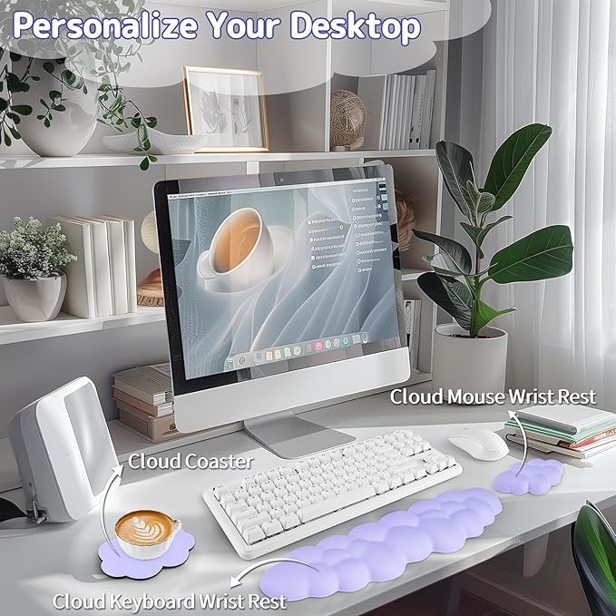Cloud Wrist Rest Keyboard, Cloud Keyboard Wrist Pad Set with PU Leather Memory Foam, Cute Arm Rest for Palm Support, PC/Gaming Desk Accessories/Office Setup/Computer Hand Cushion - Purple