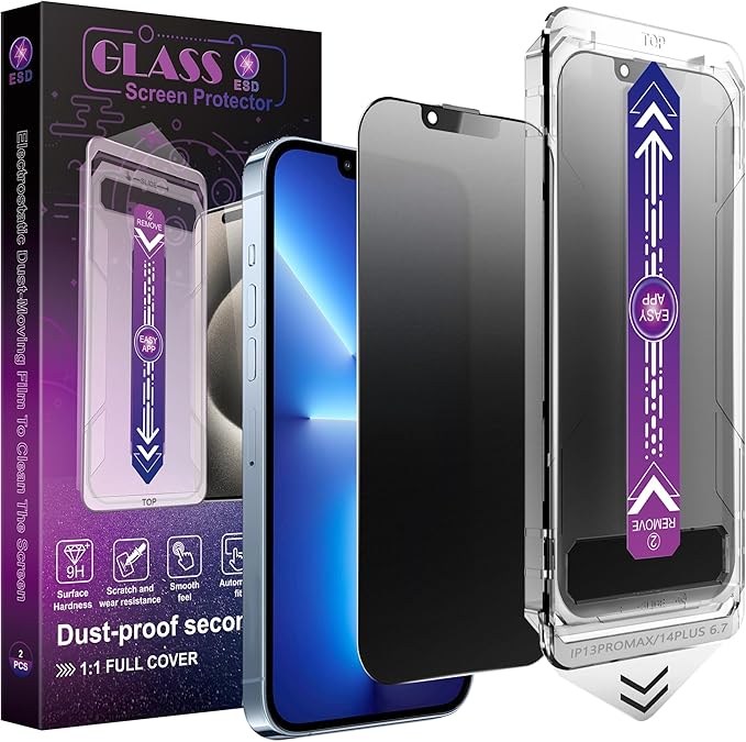 2 Pack Matte Privacy Screen Protector for iPhone 13 Pro Max/iPhone 14 Plus, 9H Tempered Glass, Full Coverage, Anti-Fingerprint, Auto Dust-Elimination, No Bubble, Easy Installation