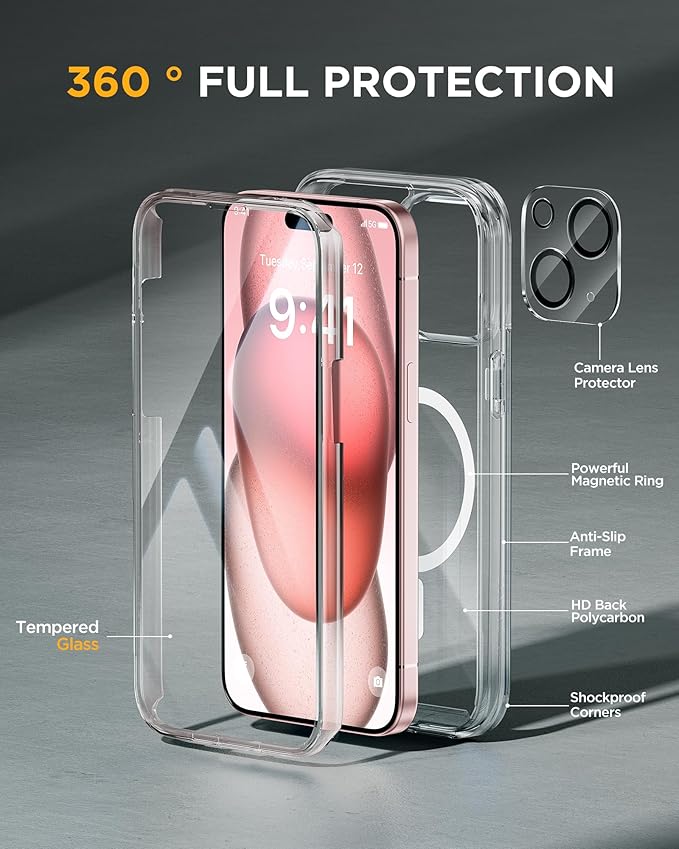 Miracase Glass Series for iPhone 15 Case [Compatible with MagSafe] Full-Body Magnetic Case with Built-in 9H Tempered Glass Anti-Fingerprint Screen Protector + Camera Lens Protector, Clear