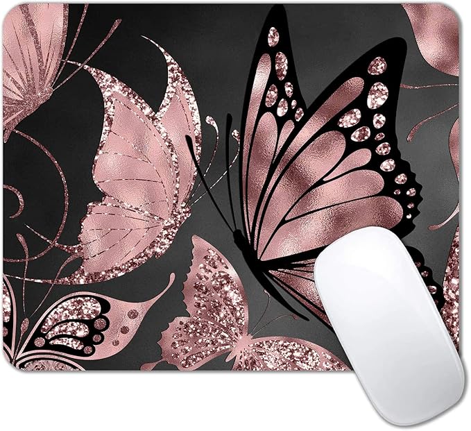 IMAYONDIA Mouse Pad, Rose Gold Butterfly Mouse Pad, Non-Slip Rubber Base Mousepad, Mouse Mat Desk Pad for Work, Game, Office, 9.5 x 7.9 Inch - Beautiful Modern Glitter Foil Design