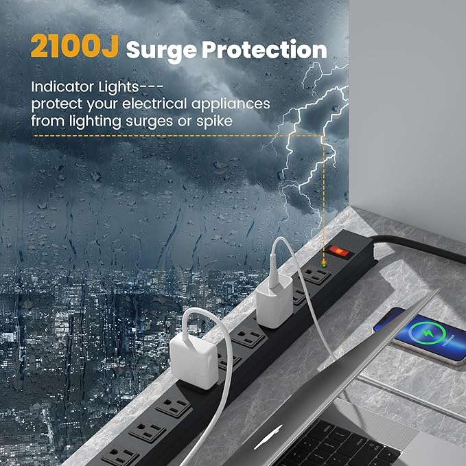 12 Outlet Long Power Strip Surge Protector with 2100 Joules, 6FT Power Cord, Wide Spaced Outlet Power Bar, Overload Protection Switch, Industrial Heavy Duty for Work Bench, Shop, Garage (Black)…